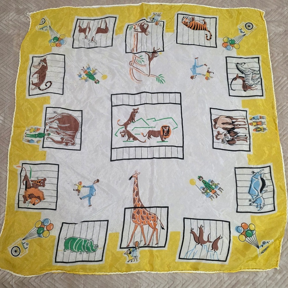 Vintage Whimsical Zoo Circus Scarf 21" Yellow Animals Silk Handkerchief Hankie